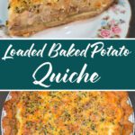 A slice of loaded baked potato quiche on a floral plate showing layers of roasted potatoes, bacon, and melted cheese in a flaky crust, with a full quiche overhead view below.