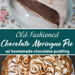 slice of old-fashioned chocolate meringue pie on a floral plate showing the dark chocolate pudding filling and toasted meringue topping, above a top-down view of a full chocolate meringue pie with swirled, golden-toasted meringue.