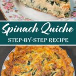 A slice of spinach quiche on a floral plate showing the creamy spinach and Gruyère filling in a golden flaky crust, with a whole baked spinach quiche below.