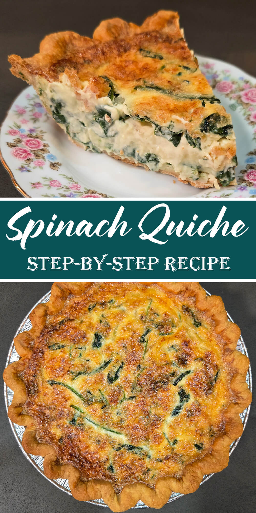 A slice of spinach quiche on a floral plate showing the creamy spinach and Gruyère filling in a golden flaky crust, with a whole baked spinach quiche below.