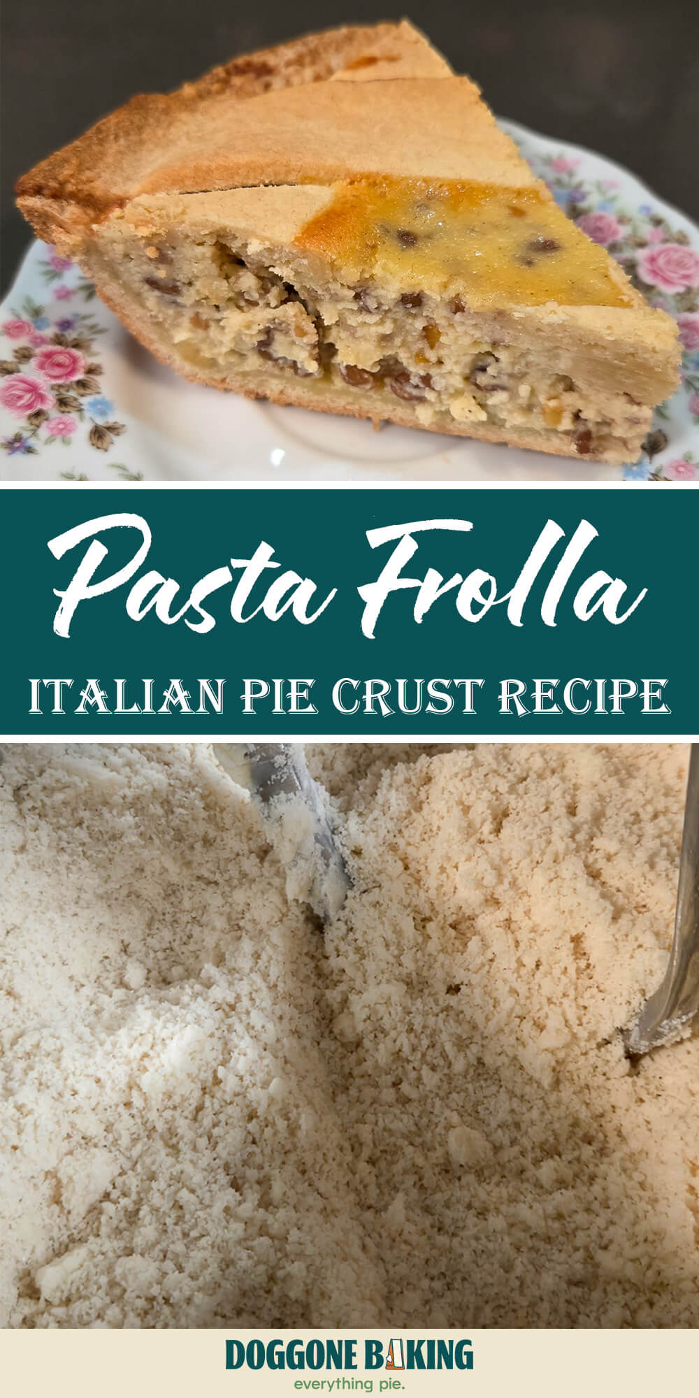 A slice of Pastiera Napoletana on a floral plate showing a golden pasta frolla crust and a ricotta and wheat berry filling, above a close up photo of pasta frolla dough in a stand mixer bowl with a paddle attachment.