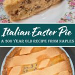 A slice of Pastiera Napoletana on a floral plate showing a golden pasta frolla crust and a creamy ricotta and wheat berry filling, above an overhead photo of a whole Pastiera Napoletana with a golden pasta frolla lattice crust on a blue plate.