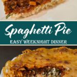 A slice of spaghetti pie on a white plate showing distinct layers: a golden spaghetti parmesan crust, creamy ricotta filling with fresh herbs, and a rich meat sauce, topped with melted bubbly cheese.