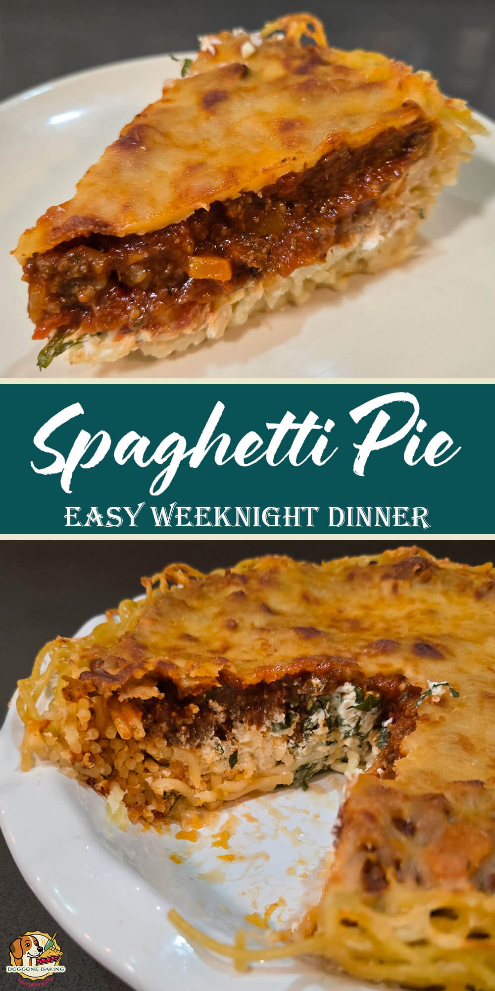 A slice of spaghetti pie on a white plate showing distinct layers: a golden spaghetti parmesan crust, creamy ricotta filling with fresh herbs, and a rich meat sauce, topped with melted bubbly cheese.