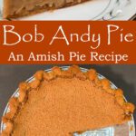 A slice of Bob Andy pie showing two distinct layers — a spiced cinnamon-dusted top and a creamy vanilla custard filling in a golden crust — and an overhead view of the whole pie with its deep cinnamon surface and a slice removed. Text overlay reads Bob Andy Pie An Amish Pie Recipe.