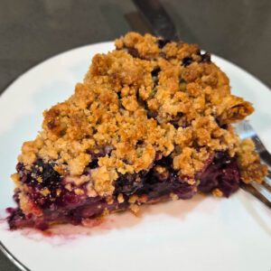 close up photo of a slice of blueberry rhubarb pie, also called bluebarb pie with juicy purple filling and golden buttery crumb topping