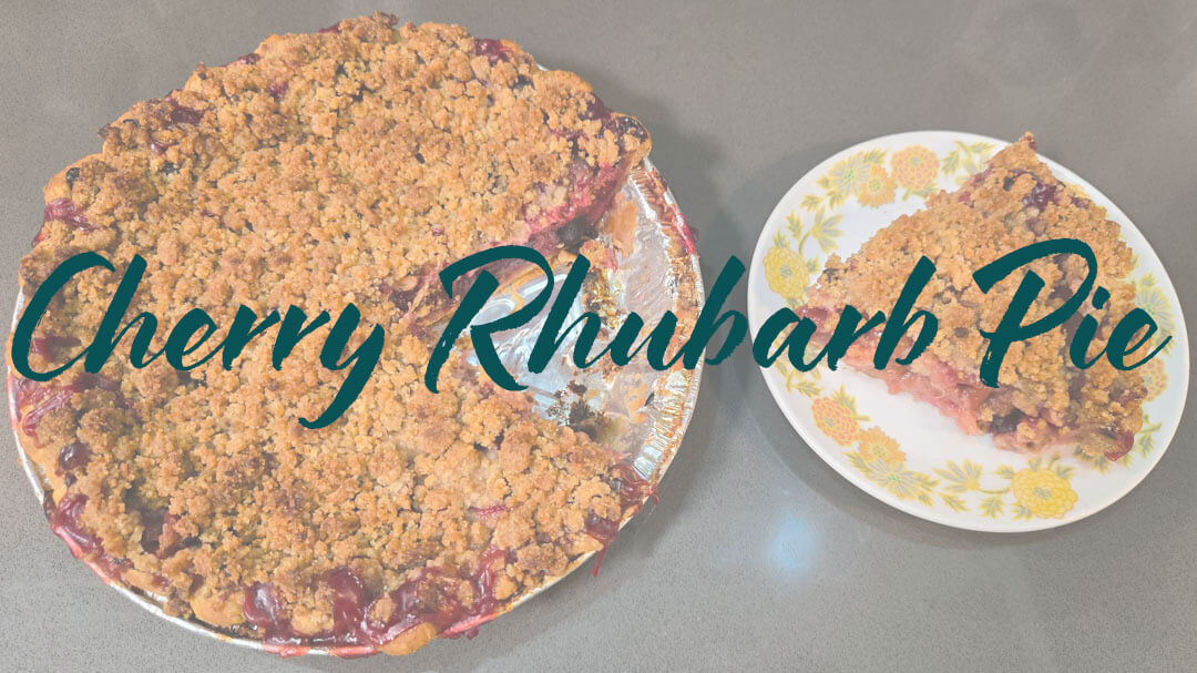 an overhead photo of a Cherry rhubarb pie