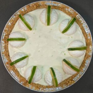 overhead photo of a frozen margarita pie in a pretzel crust for pie