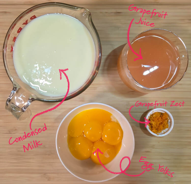 ingredients for pink grapefruit pie filling laid out on a cutting board with text labels: condensed milk, grapefruit zest, grapefruit juice, and egg yolks