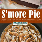 A two panel Pinterest pin for an s'mores pie recipe. The top panel shows an overhead view of a s'mores pie with a slice removed, revealing a dark chocolate ganache filling and a graham cracker crust, topped with elaborately swirled toasted marshmallow fluff. The bottom panel shows a close-up side view of a slice of the pie showing the layers of graham cracker crust, dark chocolate ganache filling, and toasted marshmallow fluff topping. Text overlay reads "S'mores Pie | A Summer Dessert Recipe."