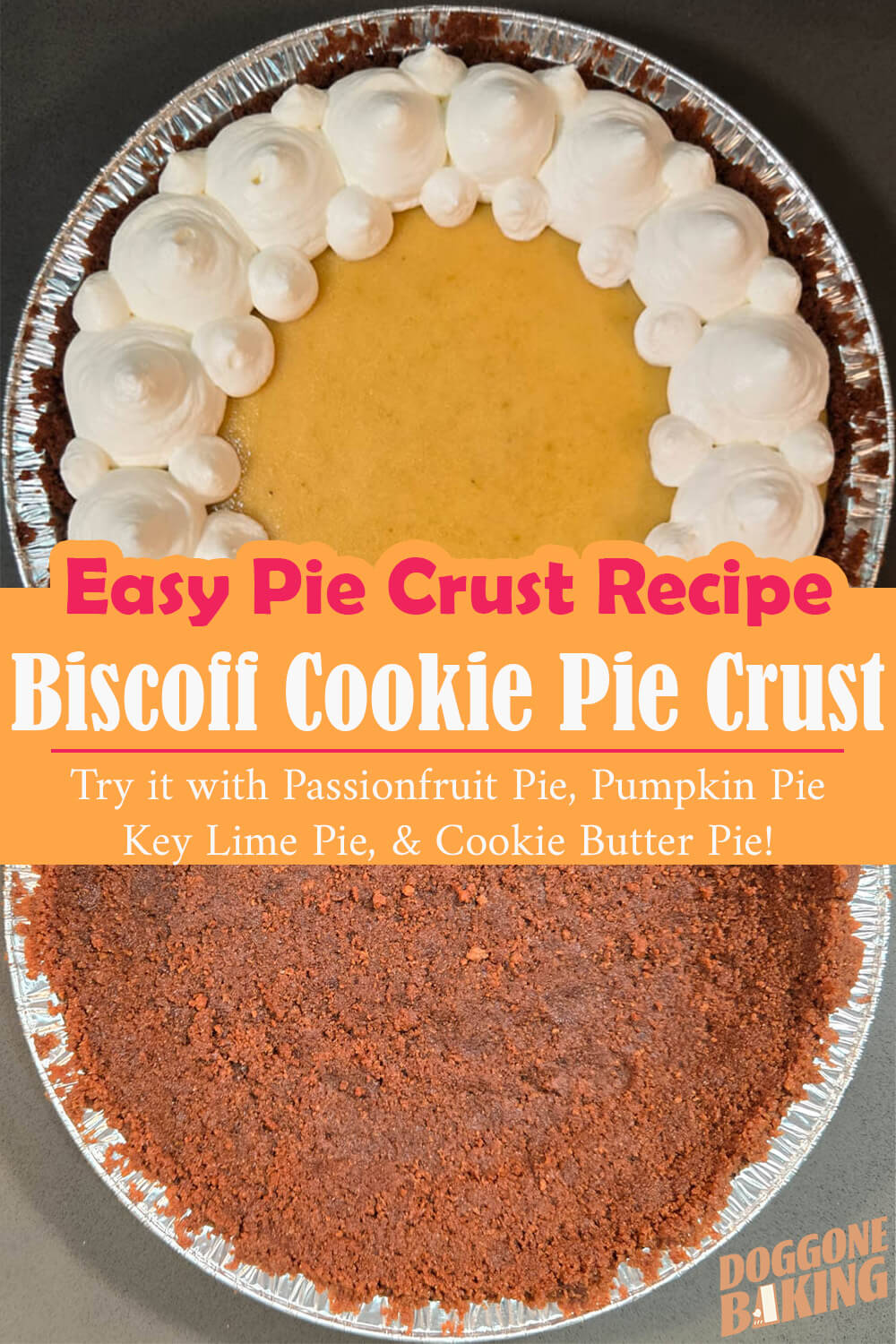 A completed Biscoff cookie pie crust filled with a golden custard filling and topped with piped whipped cream rosettes, shown above an empty pressed Biscoff cookie crumb crust. Text overlay reads "Easy Pie Crust Recipe, Biscoff Cookie Pie Crust, Try it with Passionfruit Pie, Pumpkin Pie, Key Lime Pie, and Cookie Butter Pie" with the Doggone Baking logo.