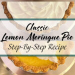 Four-photo vertical collage showing lemon meringue pie at different stages: fully topped with toasted swirled meringue, partially topped with untoasted meringue, half-filled with bright yellow lemon curd, and the baked crust filled with lemon curd only. Bold black text on a yellow banner reads The Best Lemon Meringue Pie.