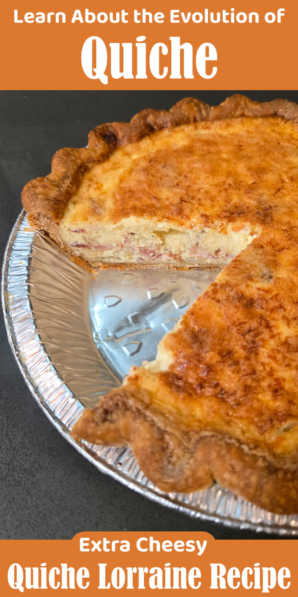 Overhead view of a homemade quiche Lorraine in a golden baked pastry shell with a slice removed, showing a thick, cheesy bacon and egg custard filling with a deeply golden, toasted top.