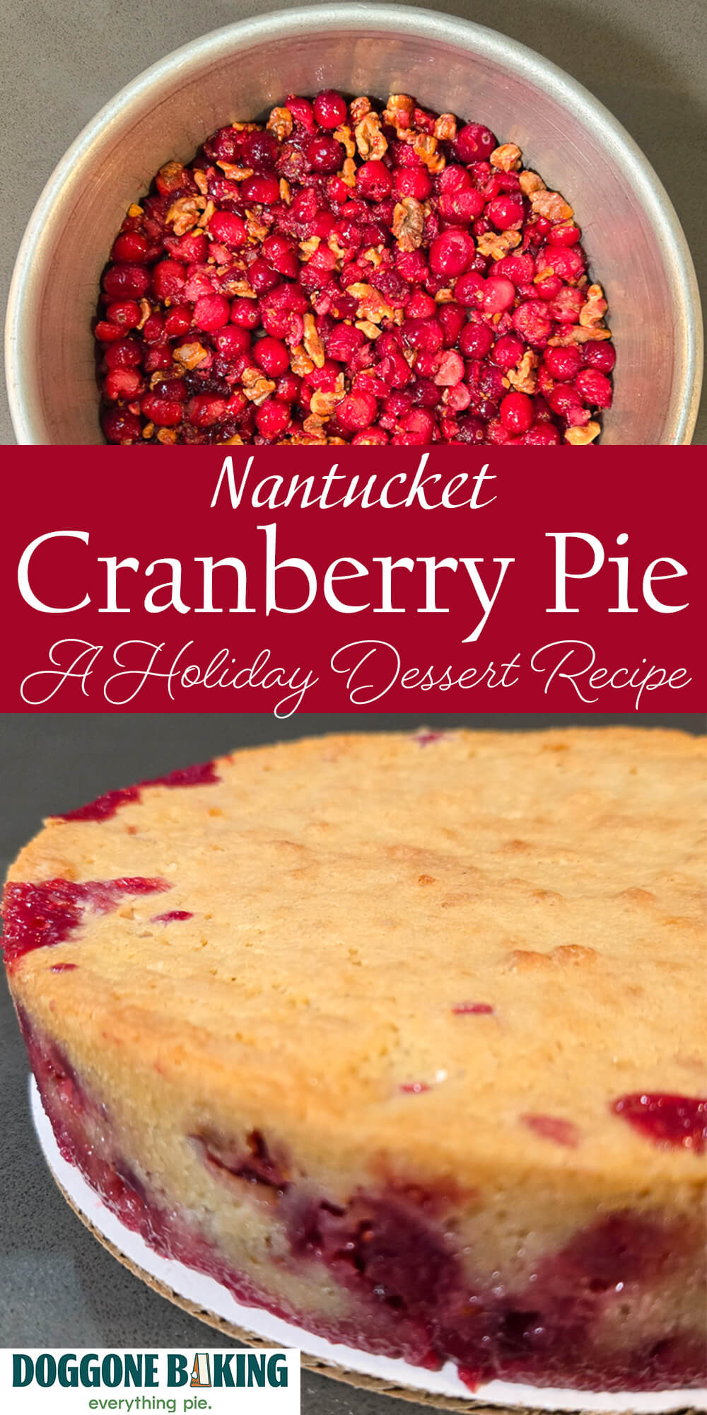 Fresh cranberries and walnuts in a round baking pan, above a baked Nantucket cranberry pie with a golden cake-like top and bright red cranberry filling visible along the sides. Text overlay reads "Nantucket Cranberry Pie, A Holiday Dessert Recipe" with the Doggone Baking logo and tagline "everything pie."