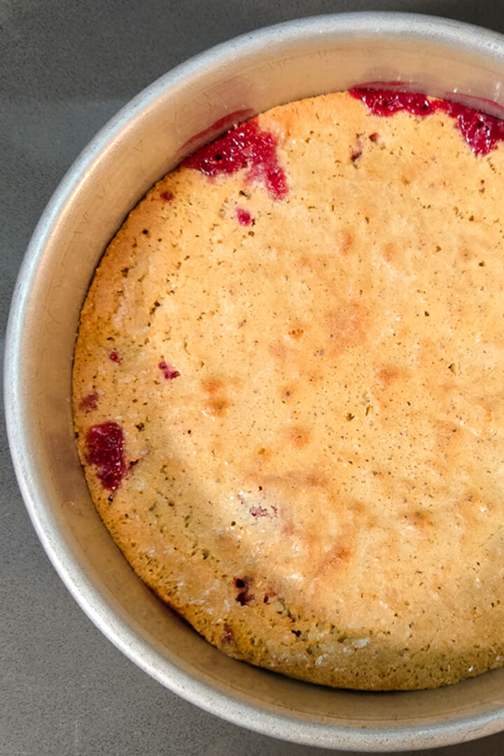 overhead photo of a Nantucket cranberry christmas pie baked into a metal pie tin