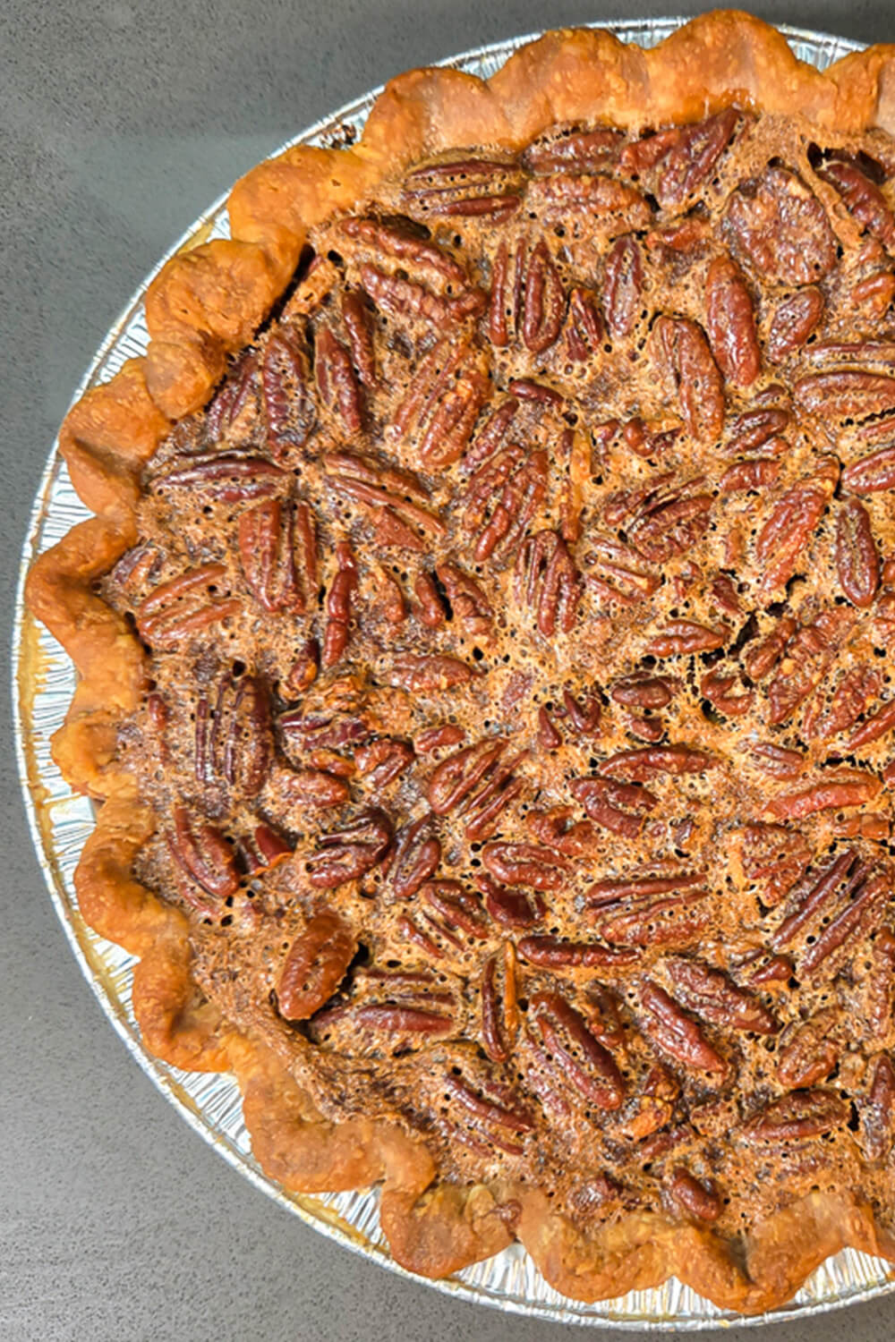 Southern pecan pie overhead view after baking