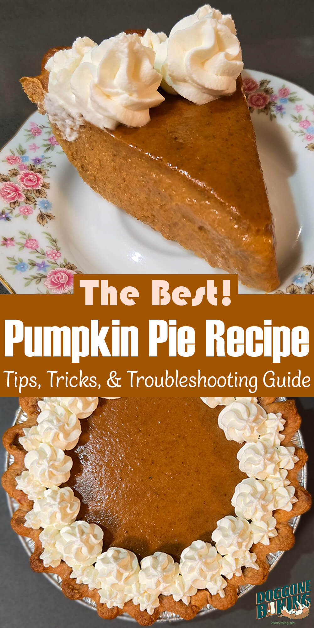 A two panel Pinterest pin for a pumpkin pie recipe. The top panel shows a close-up of a slice of pumpkin pie with a smooth spiced filling and piped whipped cream rosettes on top. The bottom panel shows an overhead view of a whole pumpkin pie with a ring of piped whipped cream rosettes around the edge, with the Doggone Baking logo in the bottom right corner. Text overlay reads "The Best! | Pumpkin Pie Recipe | Tips, Tricks, & Troubleshooting Guide."
