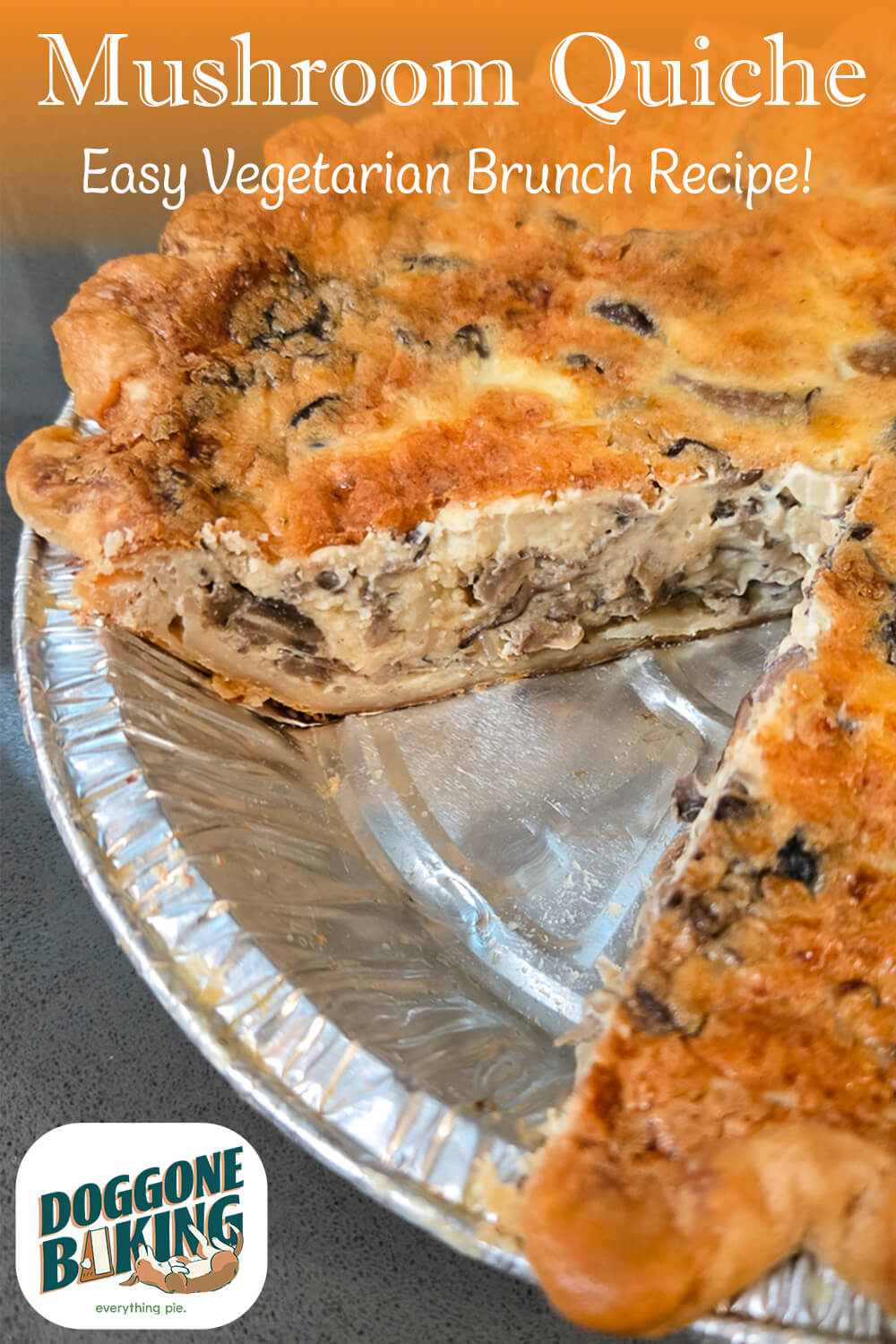 Close-up of a Mushroom Quiche in a flaky pie crust with one slice removed, revealing a creamy, golden egg custard filling packed with savory mushrooms and onions — an easy vegetarian brunch recipe perfect for Easter and weekend entertaining