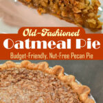 A slice of oatmeal pie with a rich, chewy oat filling and a golden crimped crust, shown above a whole oatmeal pie with a slice removed revealing the gooey interior. Text overlay reads "Old-Fashioned Oatmeal Pie, Budget-Friendly, Nut-Free Pecan Pie" with the Doggone Baking logo.